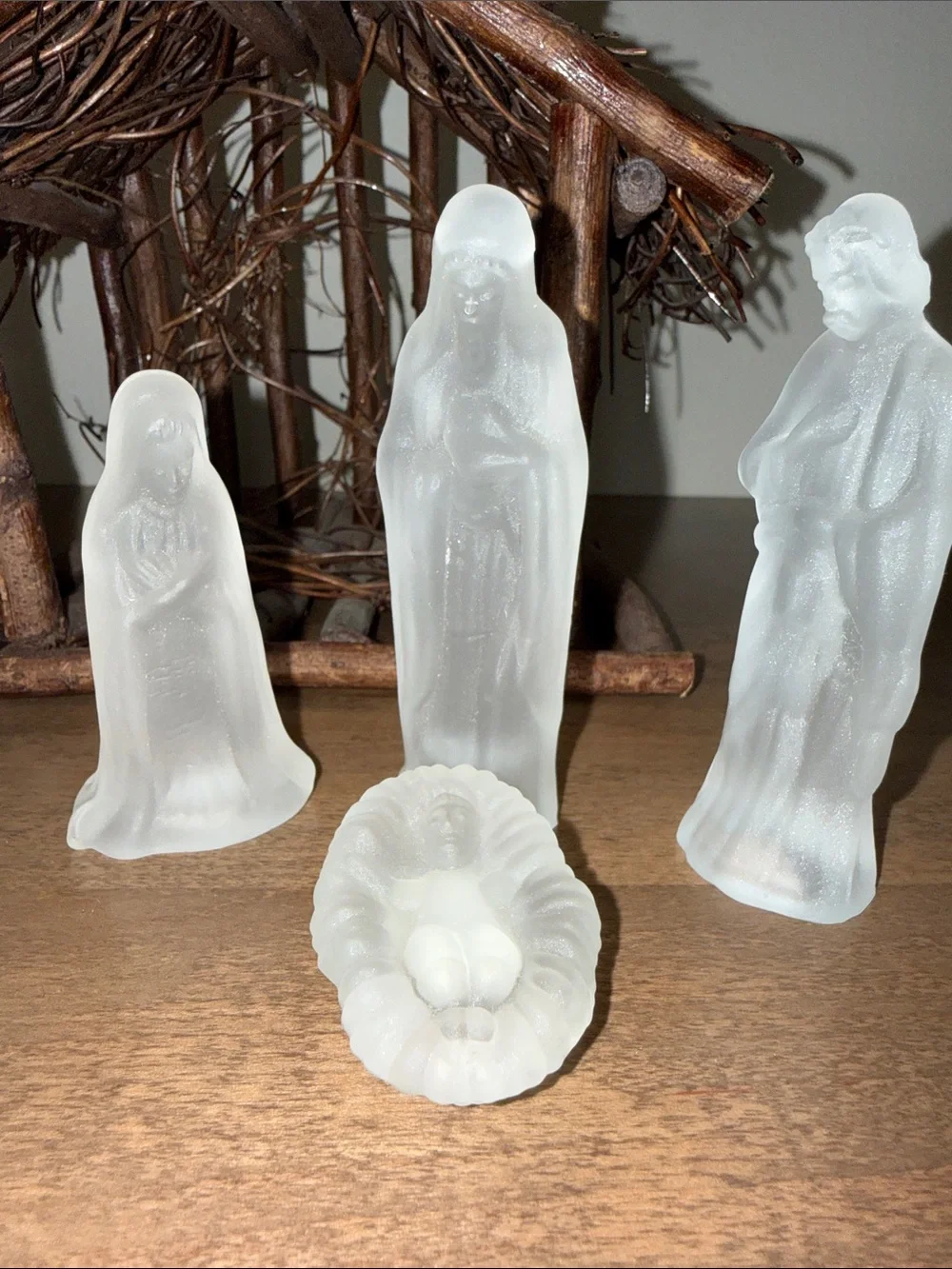Frosted Glass Nativity Set with Rustic Wood Manger -
